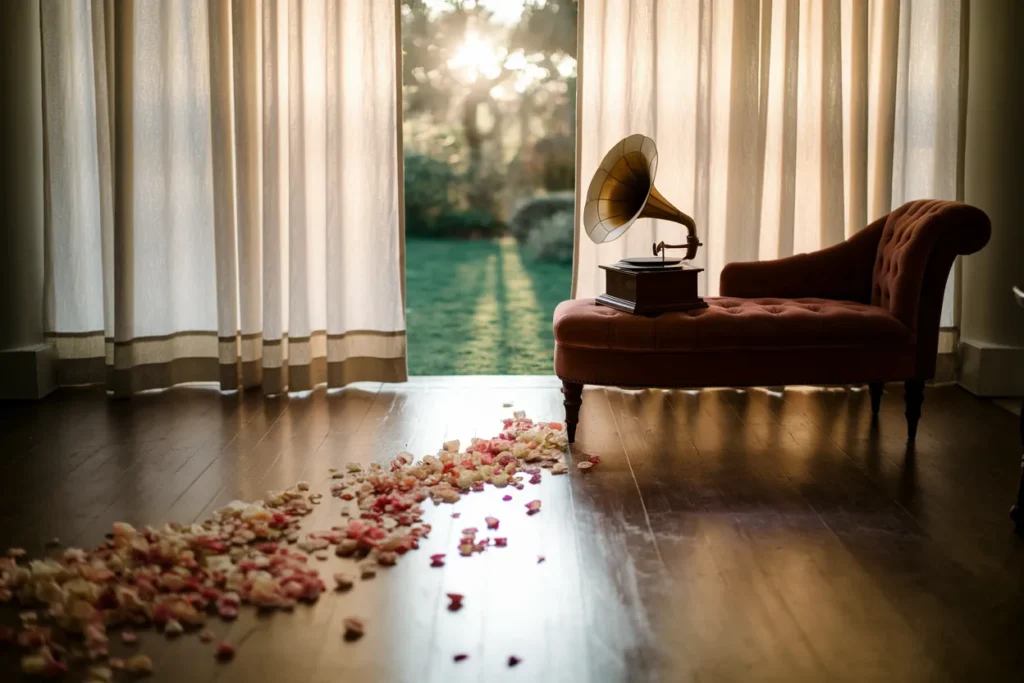 Home wedding living room setup with rearranged seating