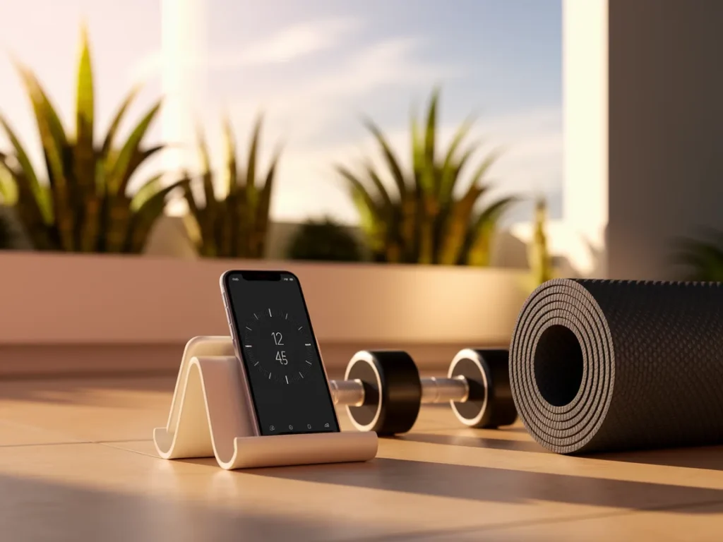 Home workout setup with phone timer running