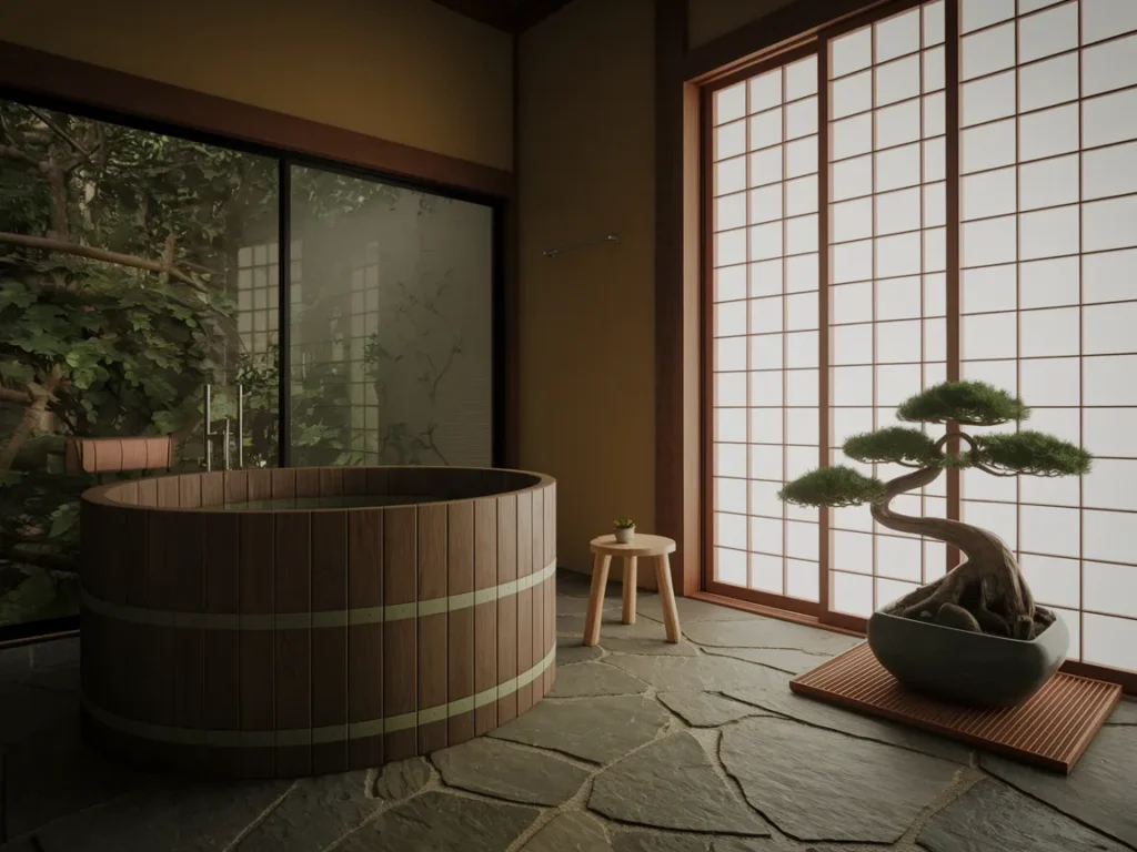 Japanese Zen bathroom with deep wooden soaking tub