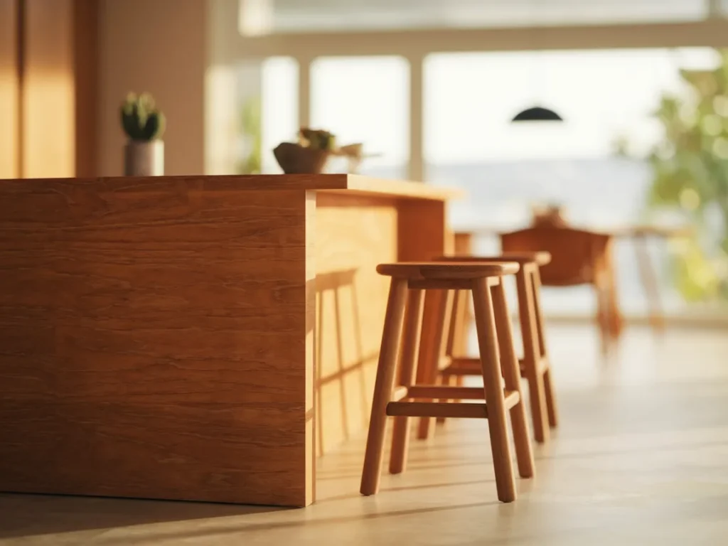 Kitchen island with wood stools