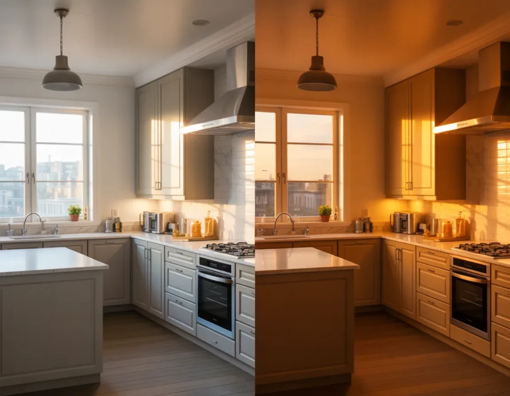 Kitchen scene showing same color palette