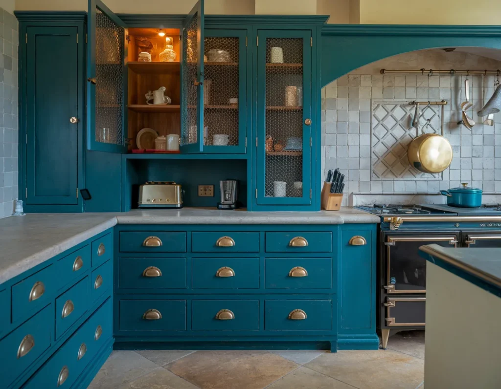 Kitchen with dark teal cabinets,