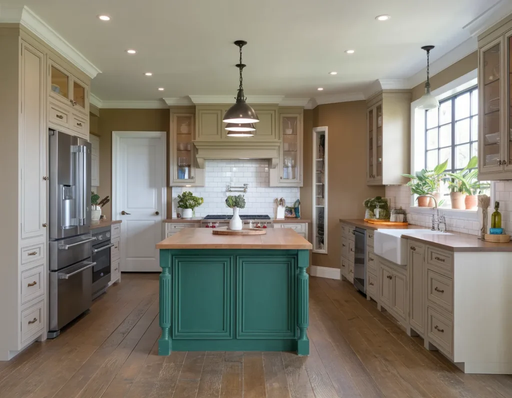 Kitchen with emerald green island and neutral cabinets