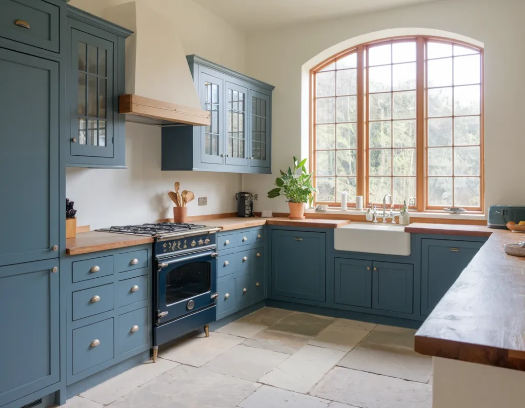 Kitchen with slate blue cabinets,