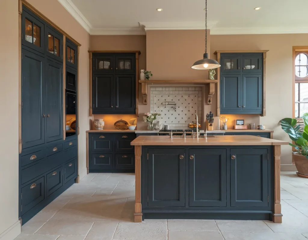 Kitchen with soft black cabinets and wood accents