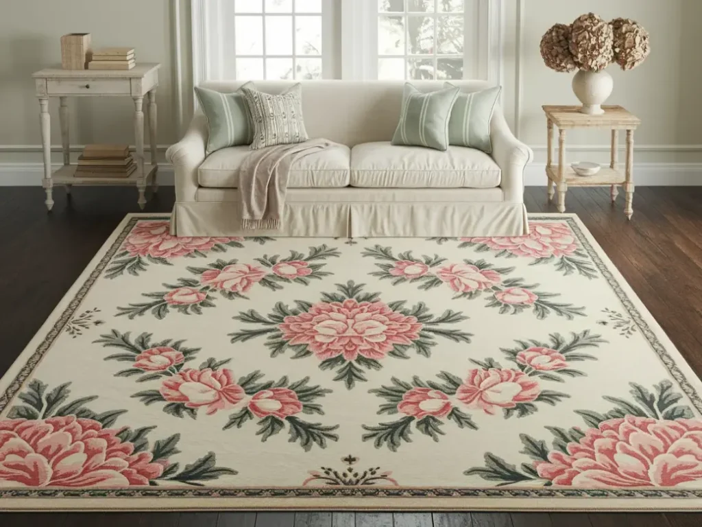 Large area rug with soft peony medallion design