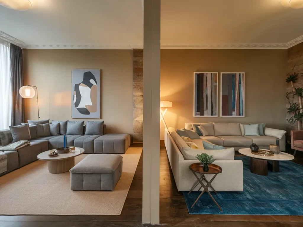 Large living room divided into two cozy seating