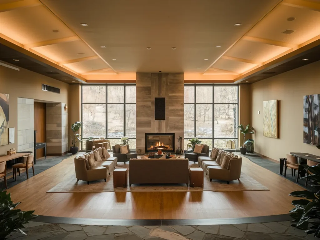 Large living room with fireplace as central focal point