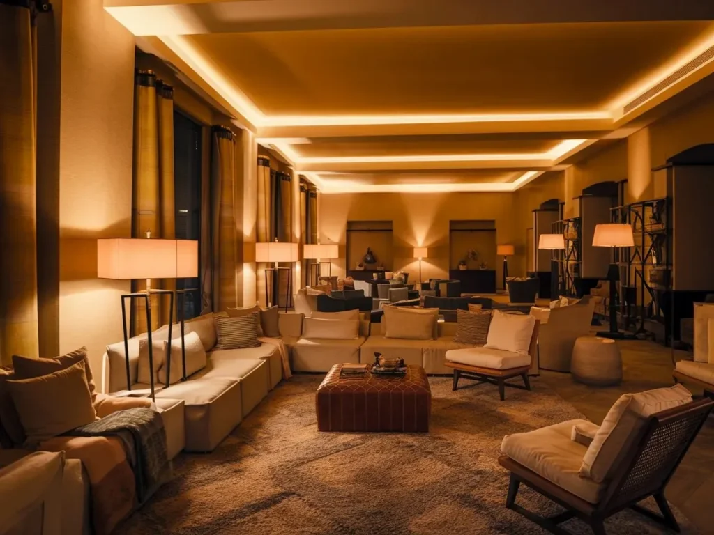 Large living room with layered lighting