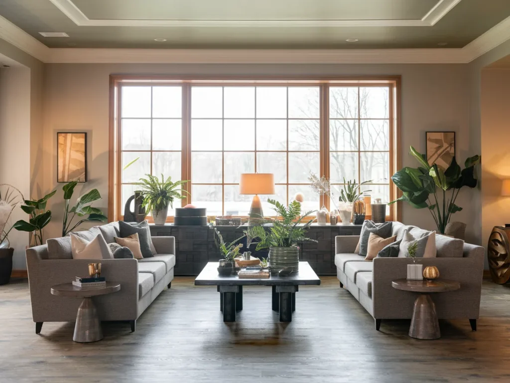 Large living room with two sofas arranged for conversation