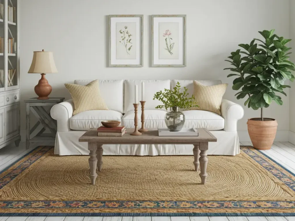 Large natural jute area rug as base layer with smaller vintage