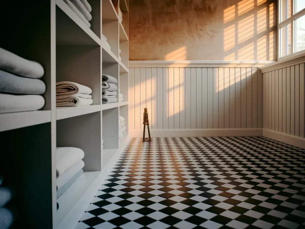 Laundry room with checkerboard vinyl flooring
