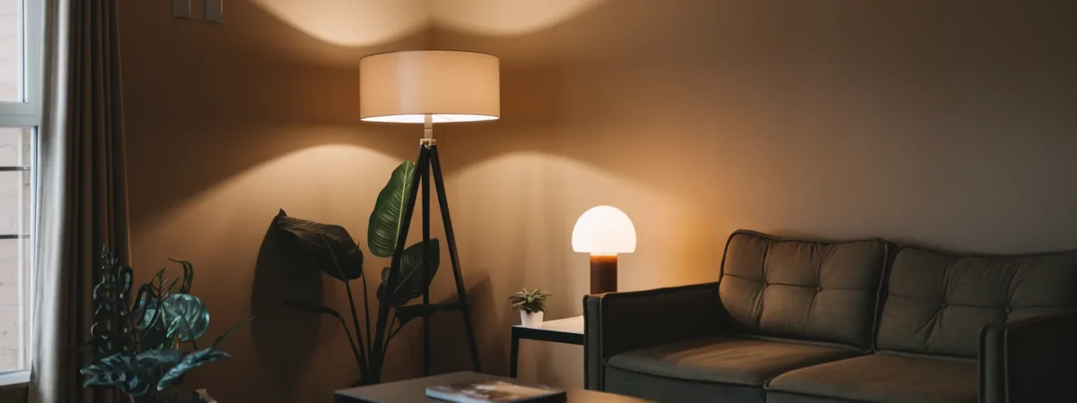 Layered lighting setup in small living room