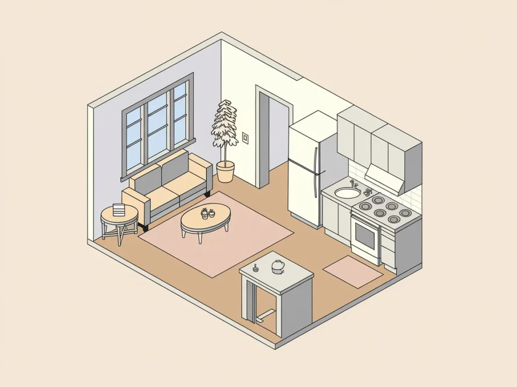 Layout drawing highlighting sofa-back zoning