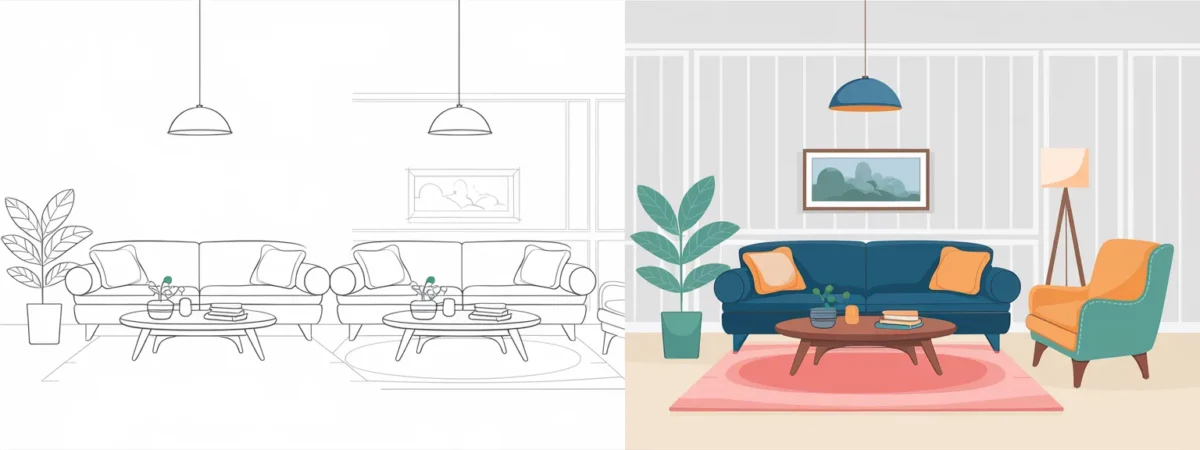 Living room drawing guide showing clear step-by-step layout progression
