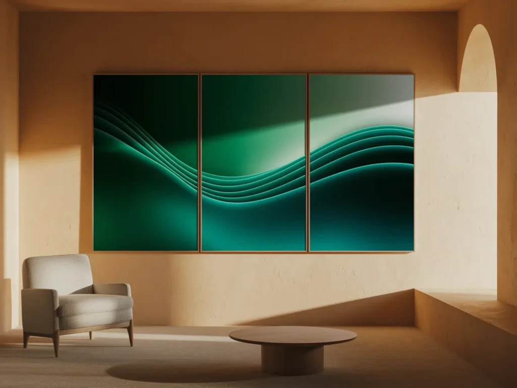  Living room featuring three-panel art triptych