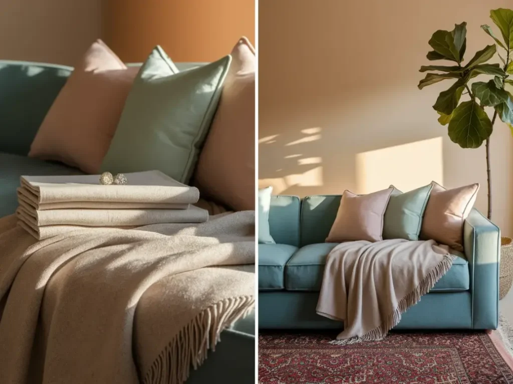  Living room sofa with light spring throw blanket folded neatly,