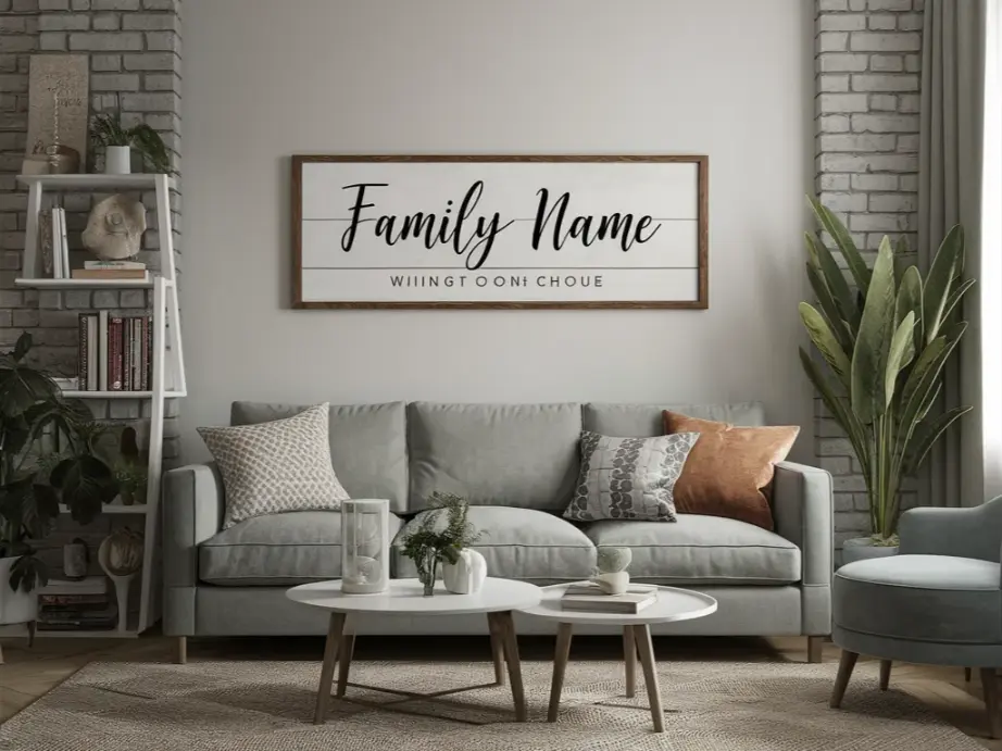 Living room wall with family name sign above sofa