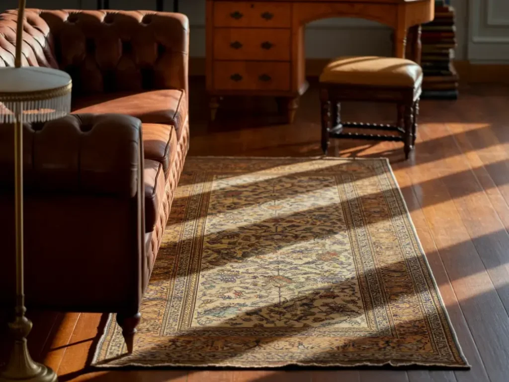 Living room with faded vintage rug,