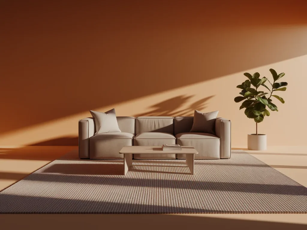 Living room with large neutral area rug under sofa