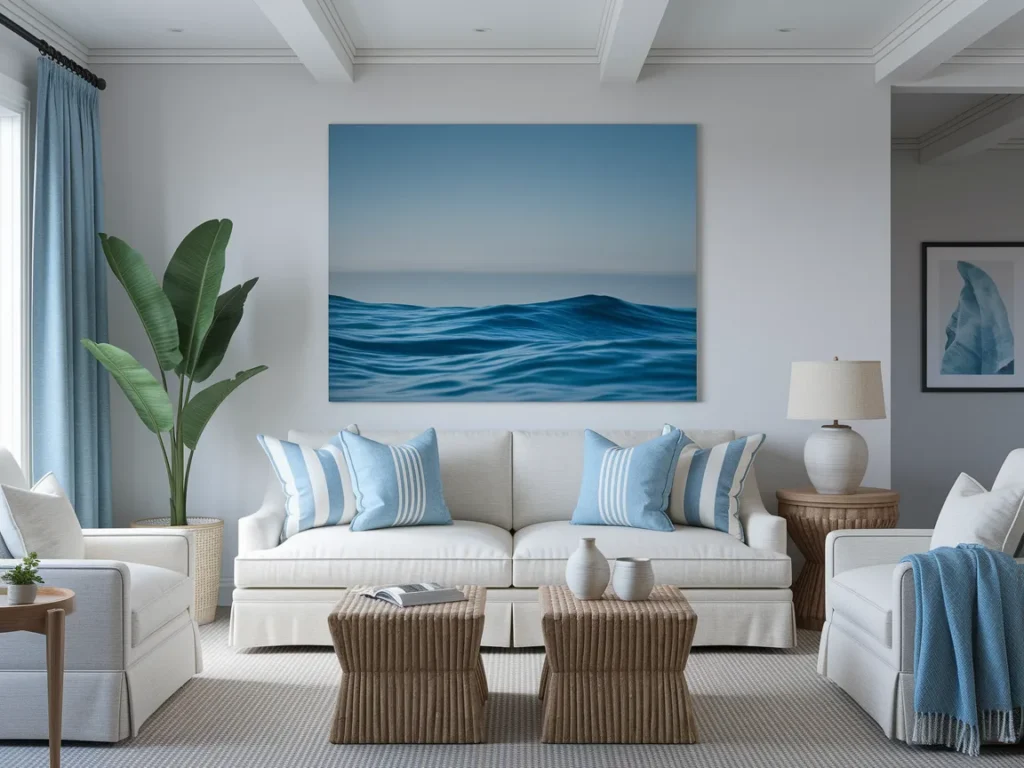 Living room with ocean-inspired blue artwork 