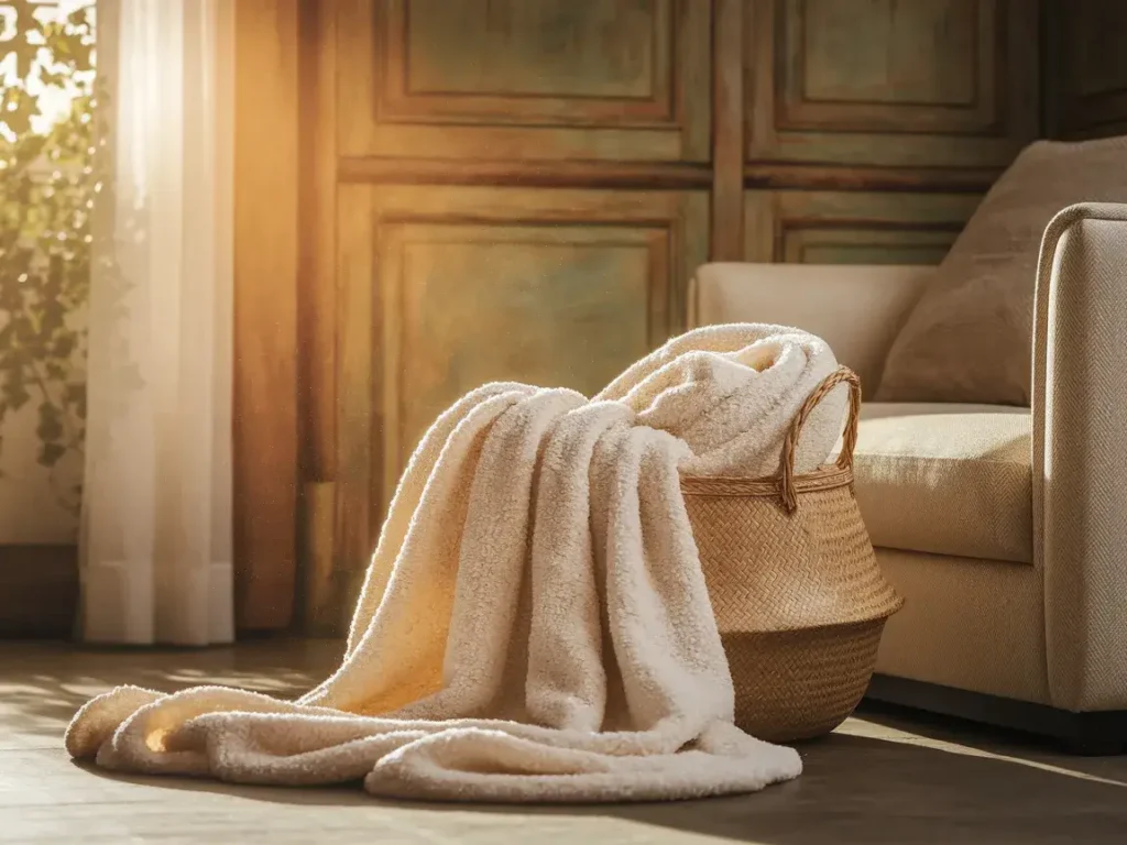 Living room with woven basket holding blankets 