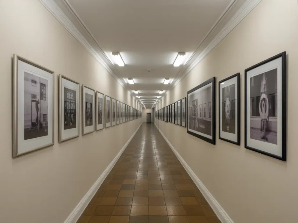 Long hallway with clean gallery wall