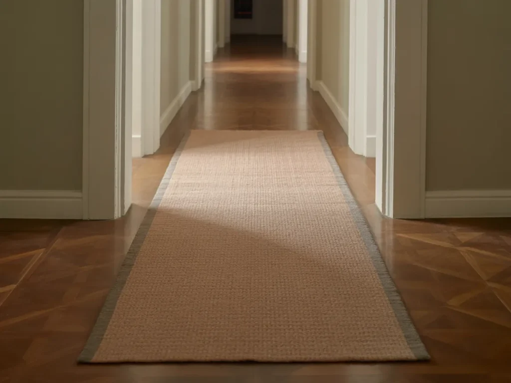 Long hallway with neutral runner rug centered on floor,