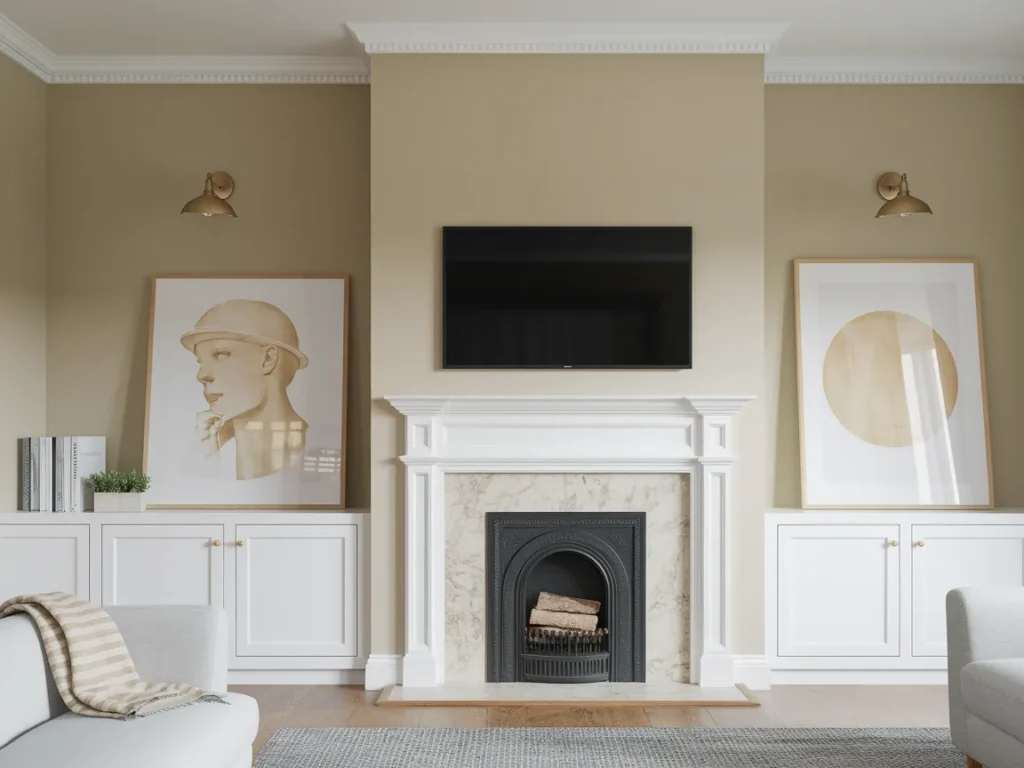 Mantel wall with TV and one large framed