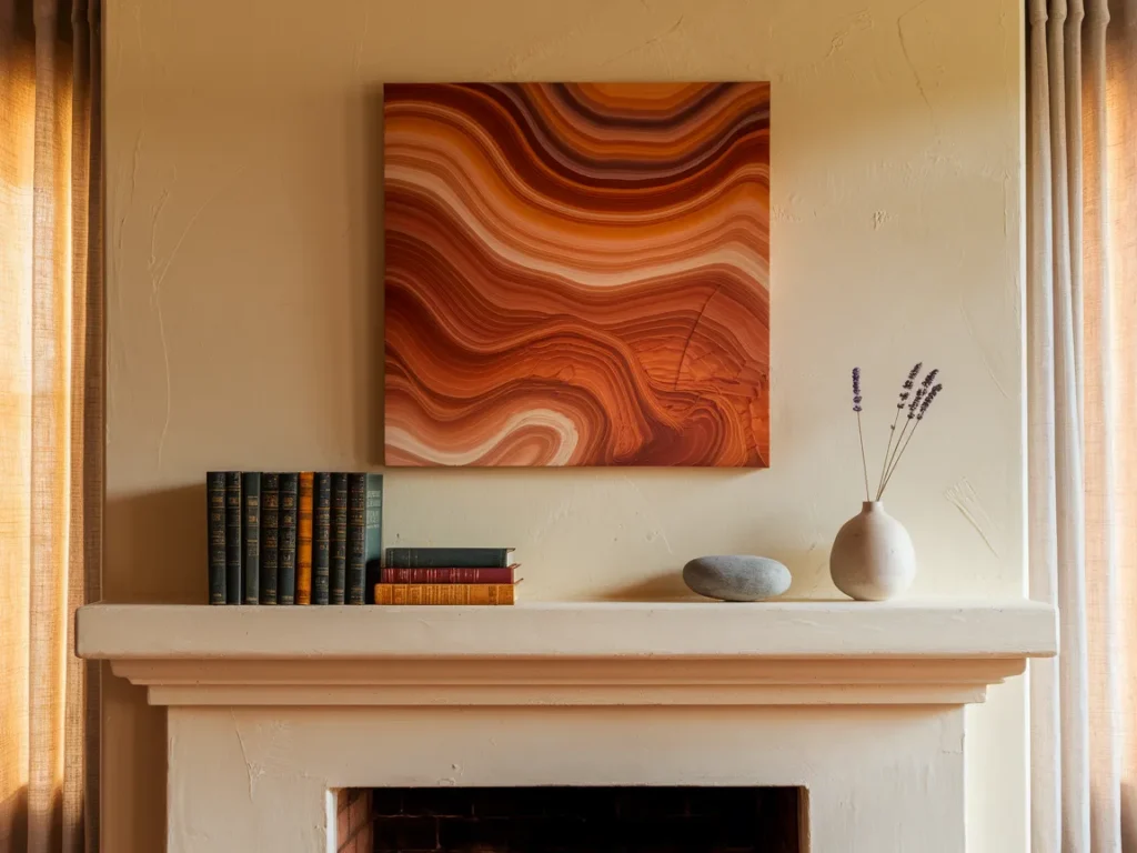 Mantel wall with one oversized artwork above fireplace