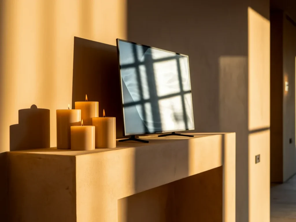 Mantel with TV and candle cluster