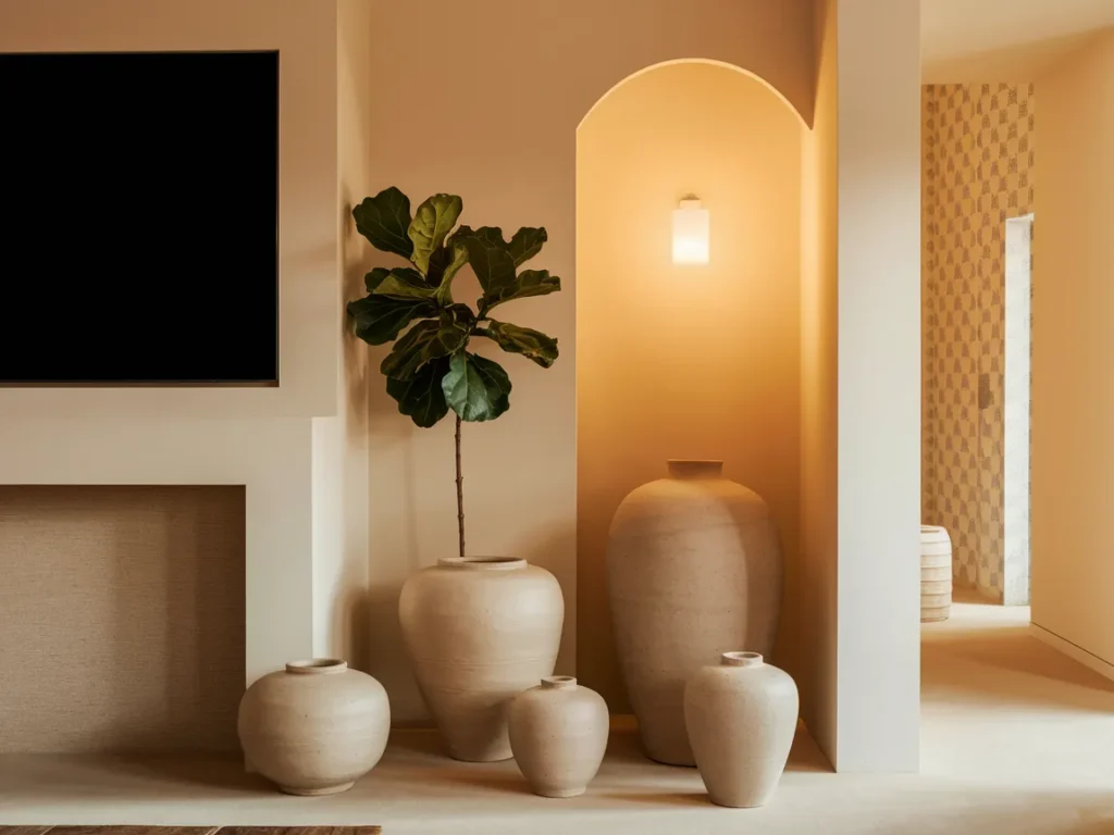 Mantel with TV styled in neutral tones