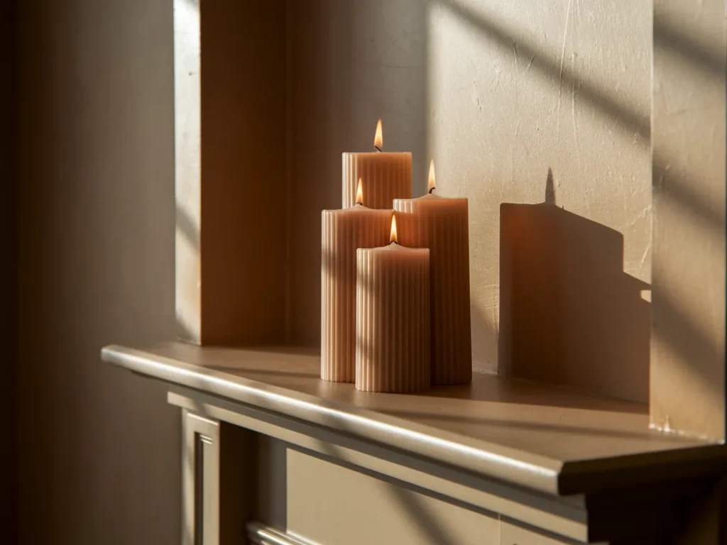 Mantel with candle cluster of three mixed-height candles