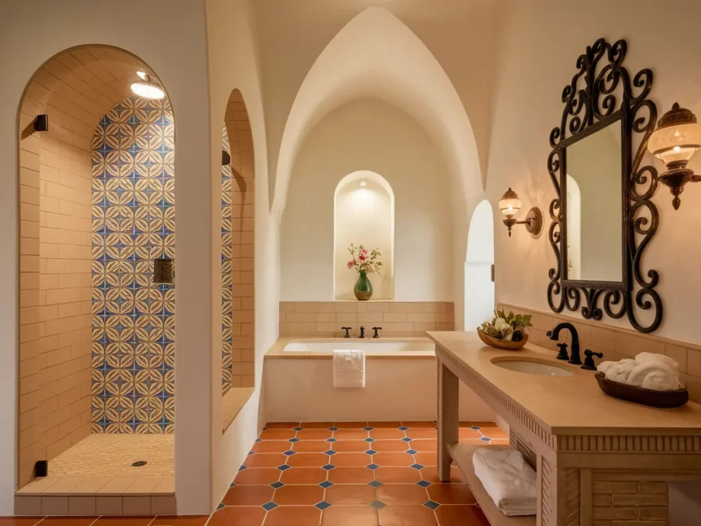 Mediterranean-style bathroom with warm terracotta