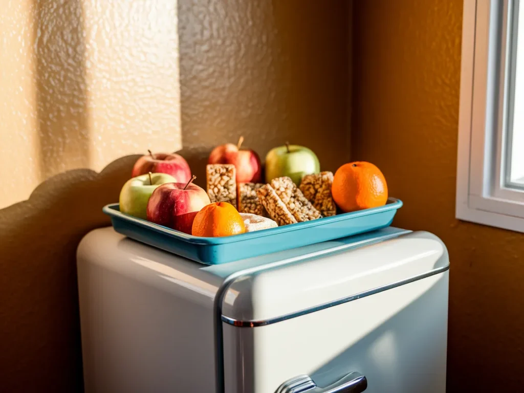 Mini fridge with organized tray on top holding