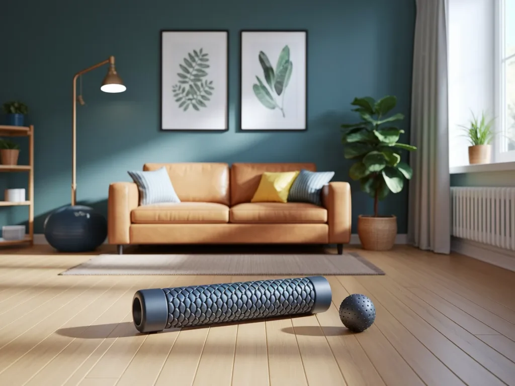 Mini home gym recovery area with foam roller