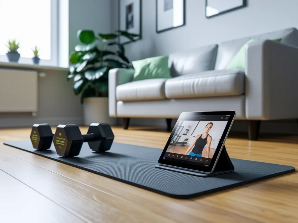 Mini home gym with tablet stand showing
