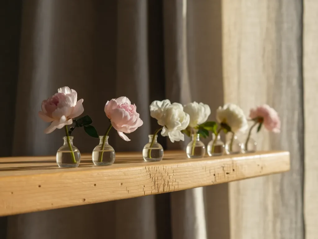 Minimal shelf styling with small bud vases
