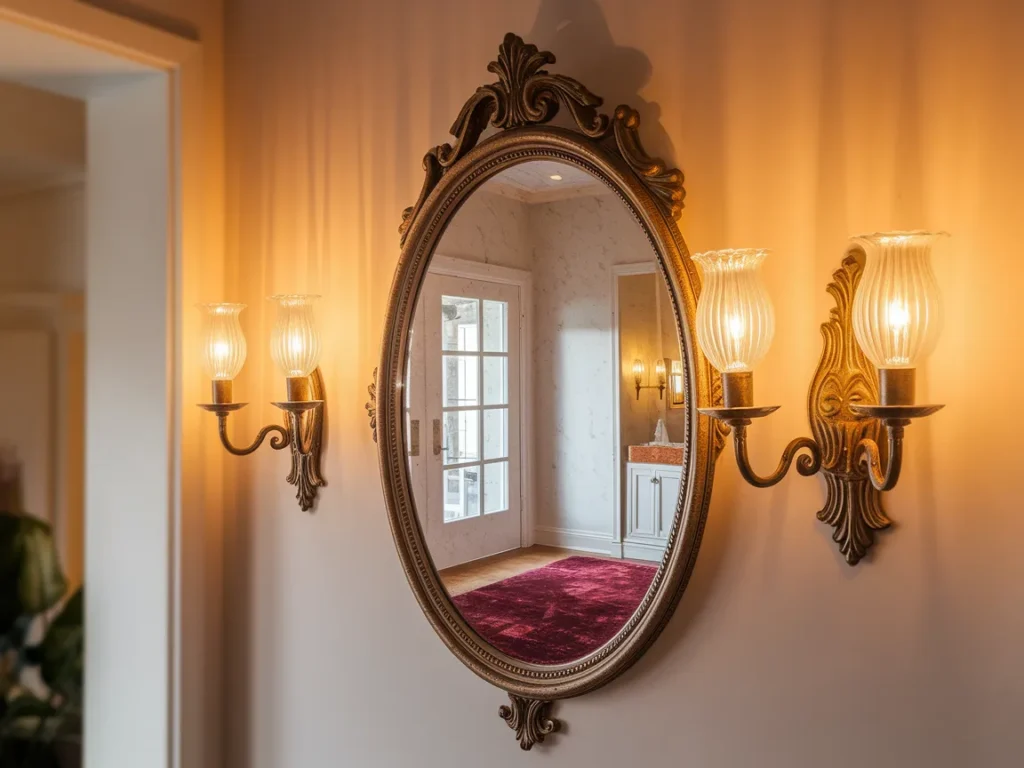 Mirror with two wall sconces on each side