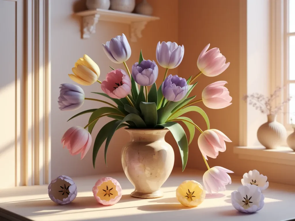 Mixed pastel tulips in a simple vase