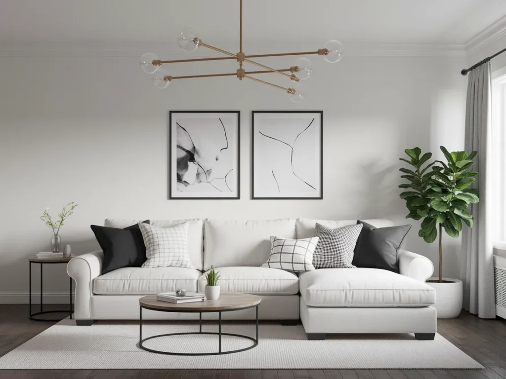 Modern black and white living room with white sofa