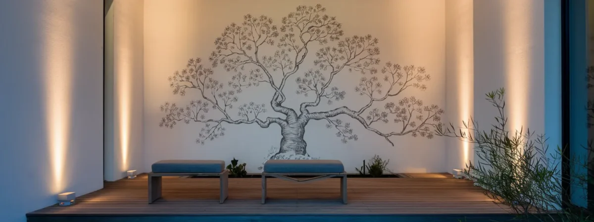 Modern entryway featuring large wall sketch