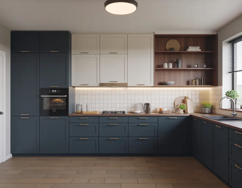 Modern kitchen showing deep navy cabinets