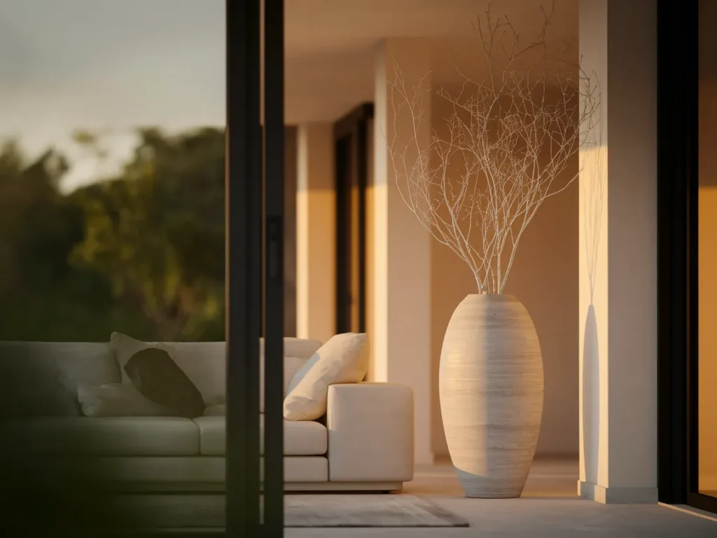 Modern living room corner with tall floor vase