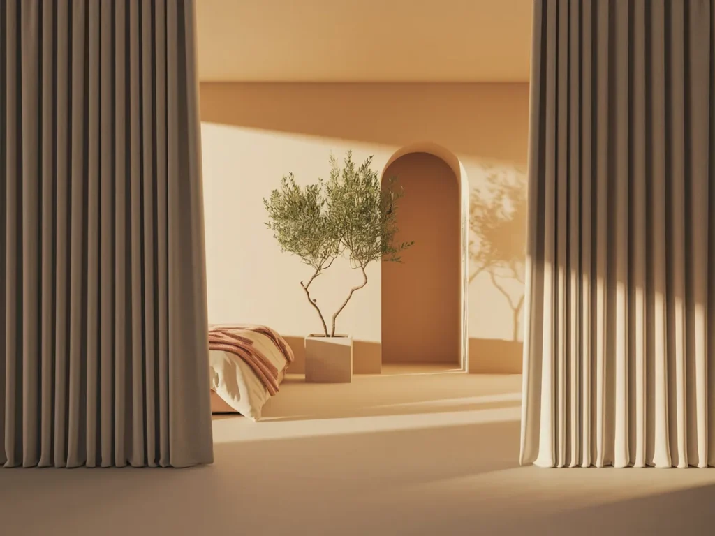 Modern master bedroom with blackout curtains