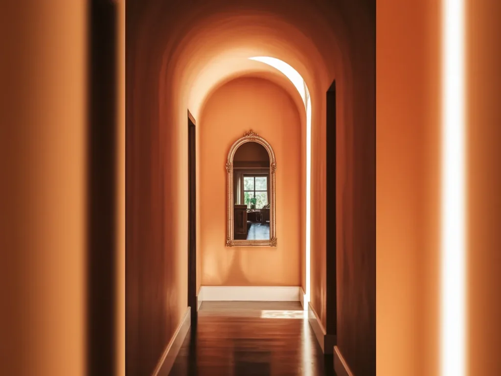 Narrow hallway entry with clean transition from front door