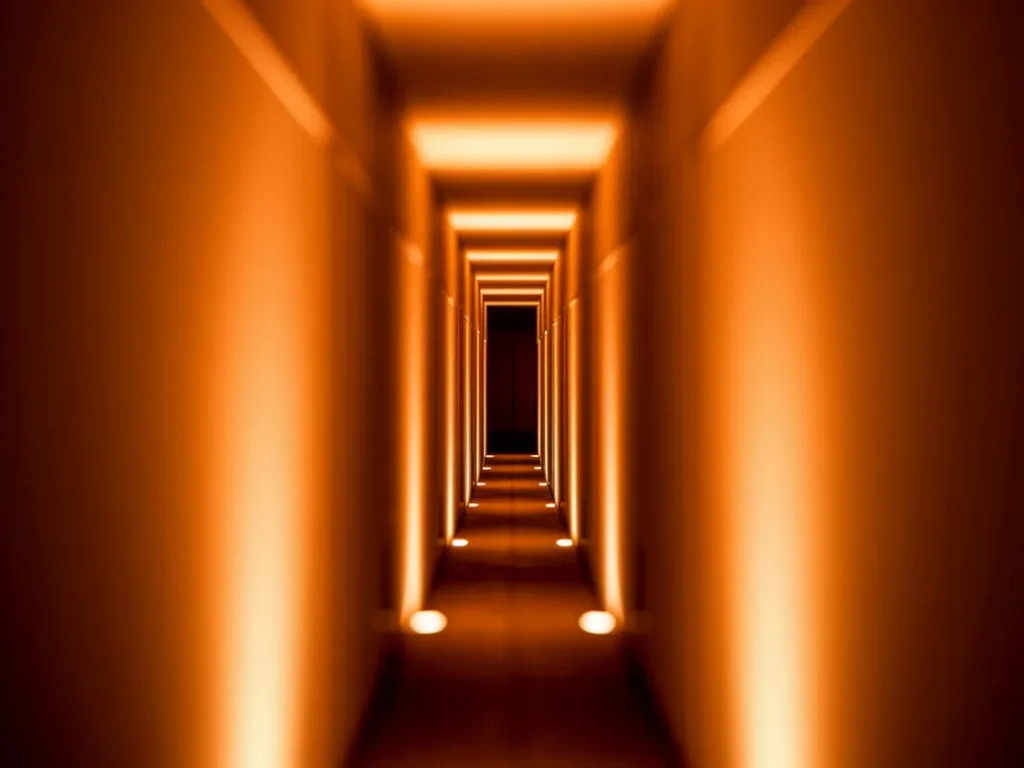 Narrow hallway lit with warm consistent lighting