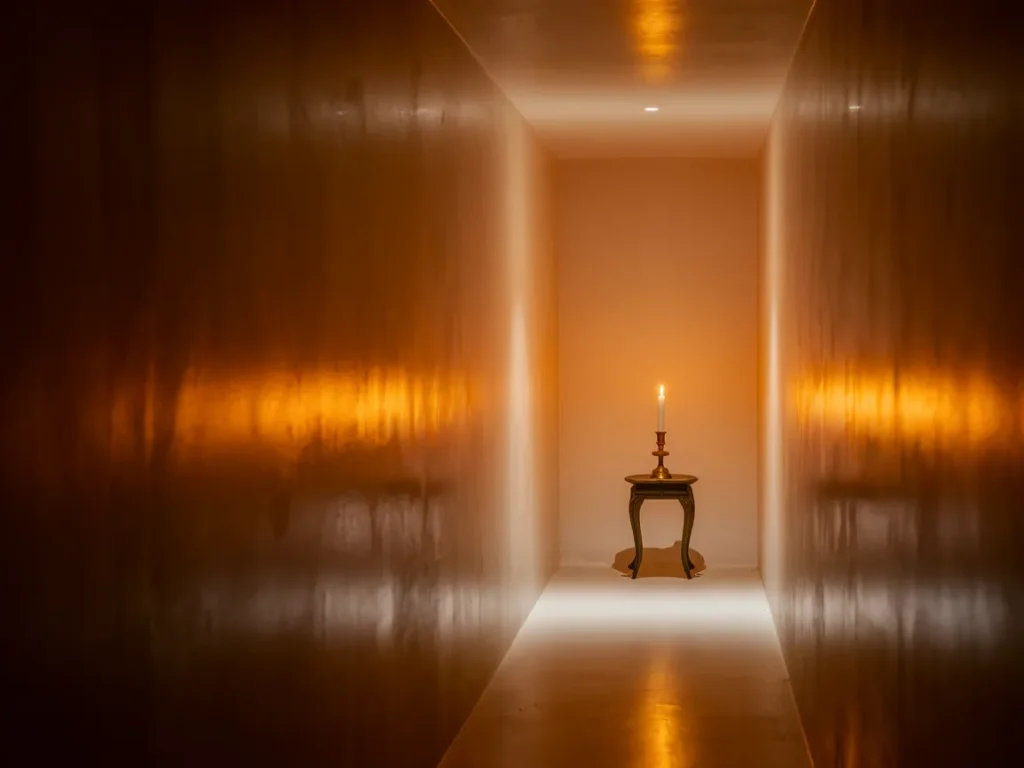 Narrow hallway painted in light reflective neutral tone