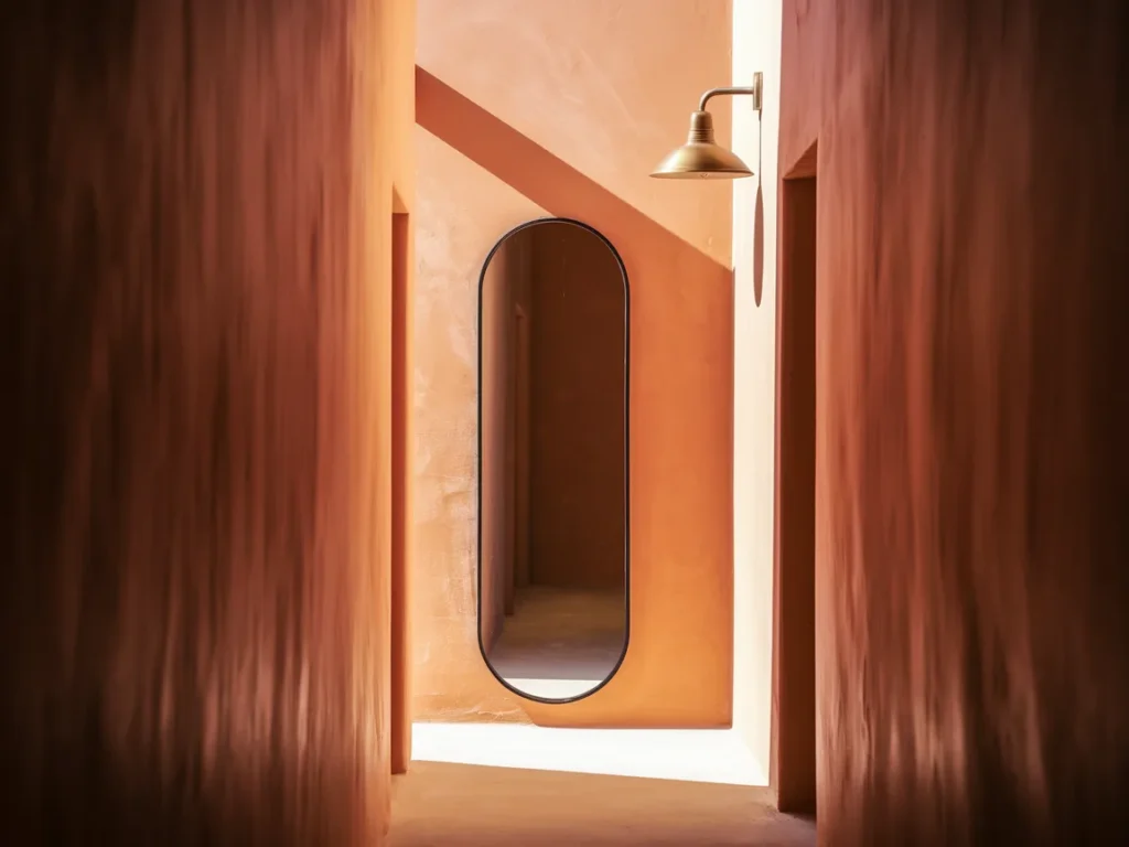 Narrow hallway with a full-length mirror 