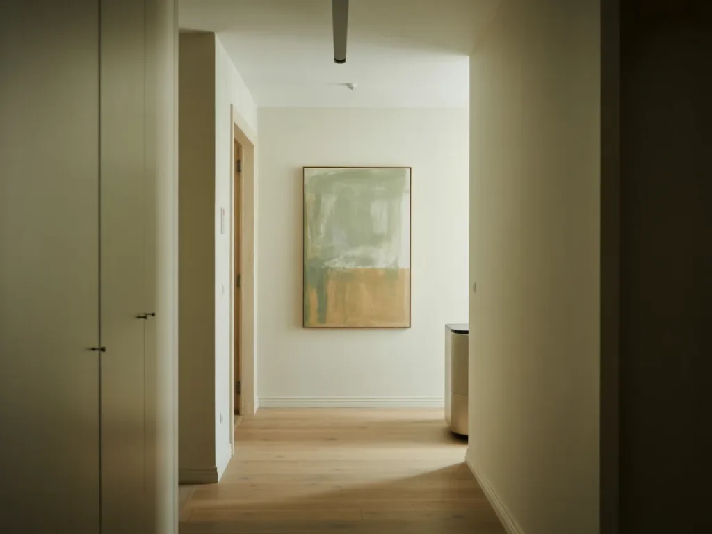 Narrow hallway with one oversized wall art